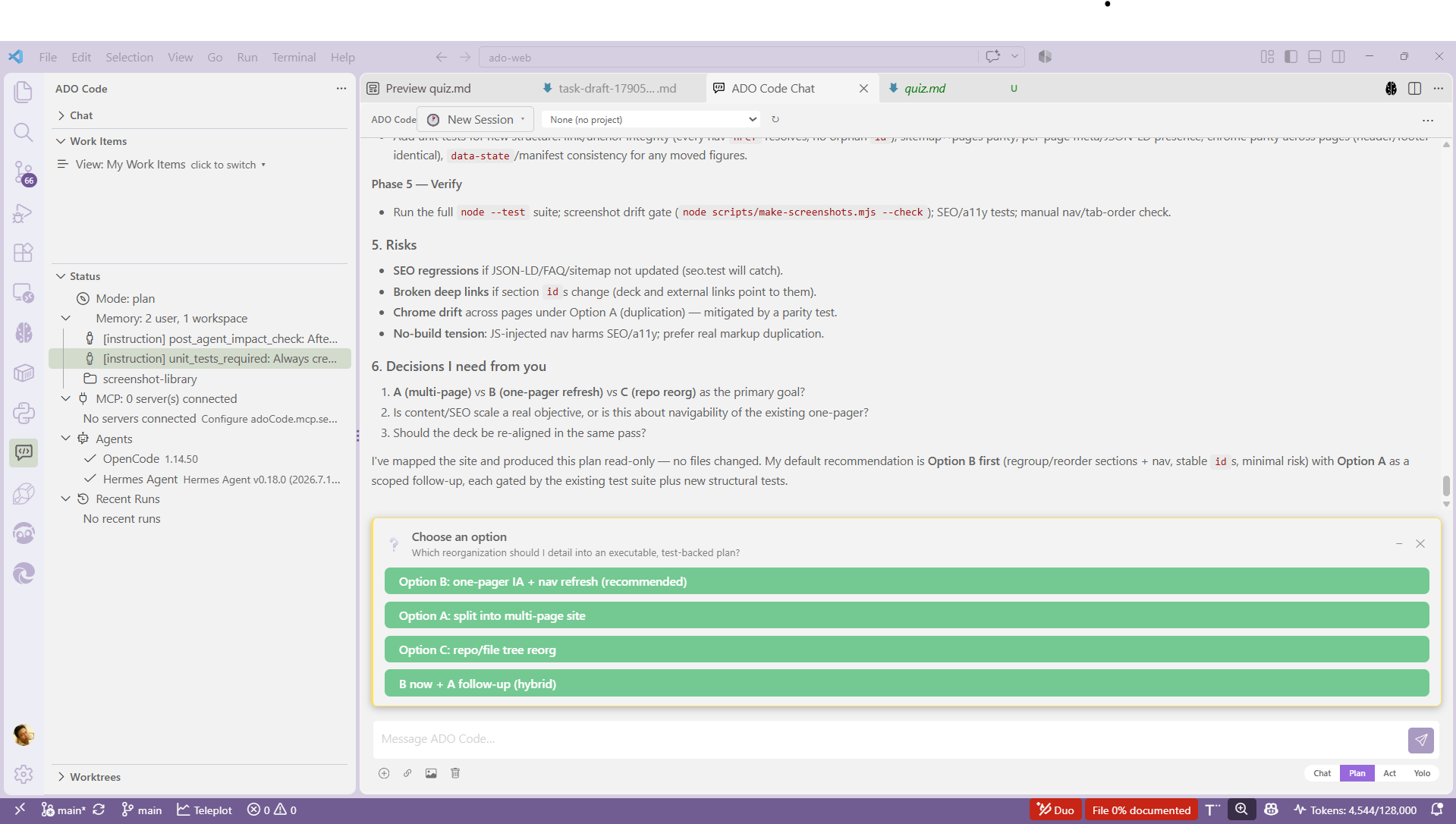 Agent chat panel showing a numbered implementation plan, a list of tool calls with status ticks, and a streamed code diff in the editor beside it.